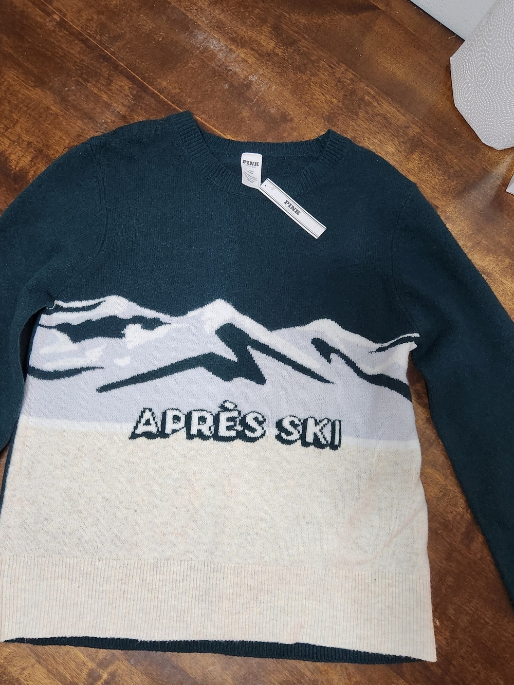 PINK Victoria's Secret Aprés Ski Crewneck Sweater - Dark Green & Cream